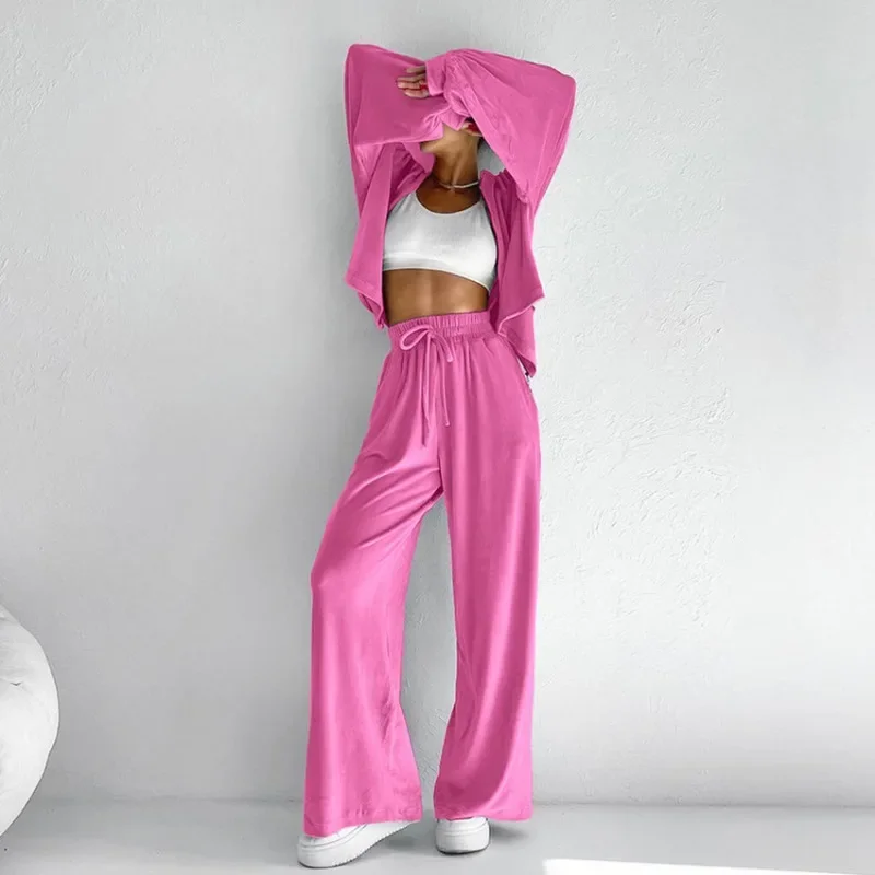 Women's Fashion Sweet Pink Velvet Hoodie Set Female Outfits New 2024 Autumn/Winter Coat & Pants Sports and Casual Two Piece Sets