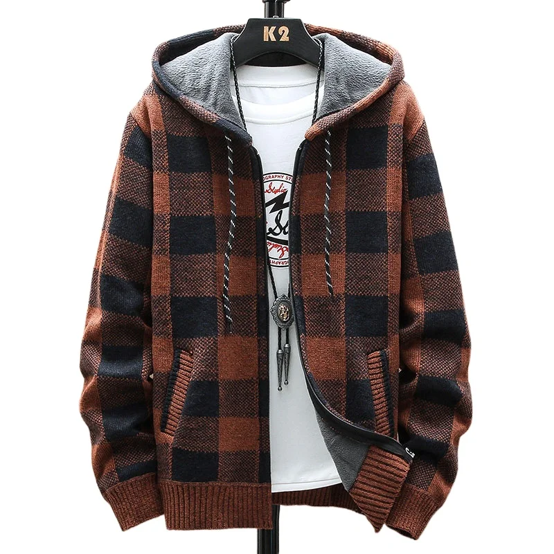 

Men's New Winter Plaid Sweater Hooded Cardigan Cold Coat and Wool Zipper Jacket Autumn Fleece Warm Clothes Checkered Knit Jumper