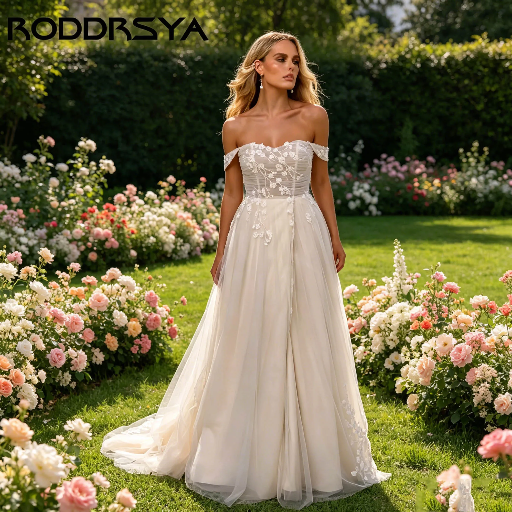RODDRSYA Applikationen Tüll Romantische Brautkleider A-Linie Schulterfrei Rückenfreie Brautkleider Elegante Brautkleider Maßgeschneidert