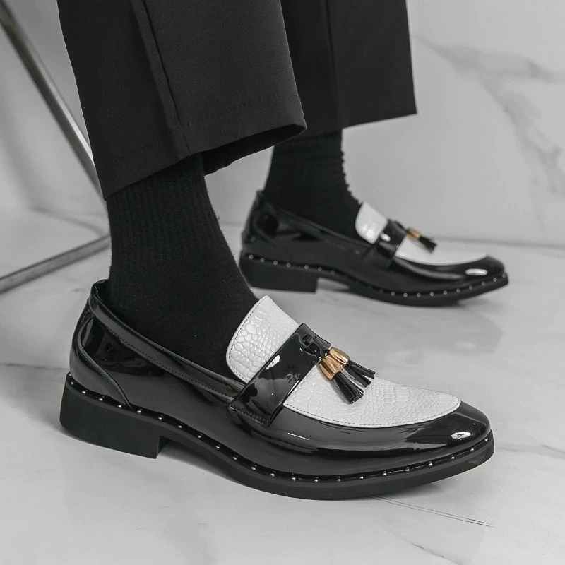 

Mens Shoe Patent Leather Luxury Fashion Color Matching Dress Wedding Shoes for Men Designer Italian Style Oxford Shoes