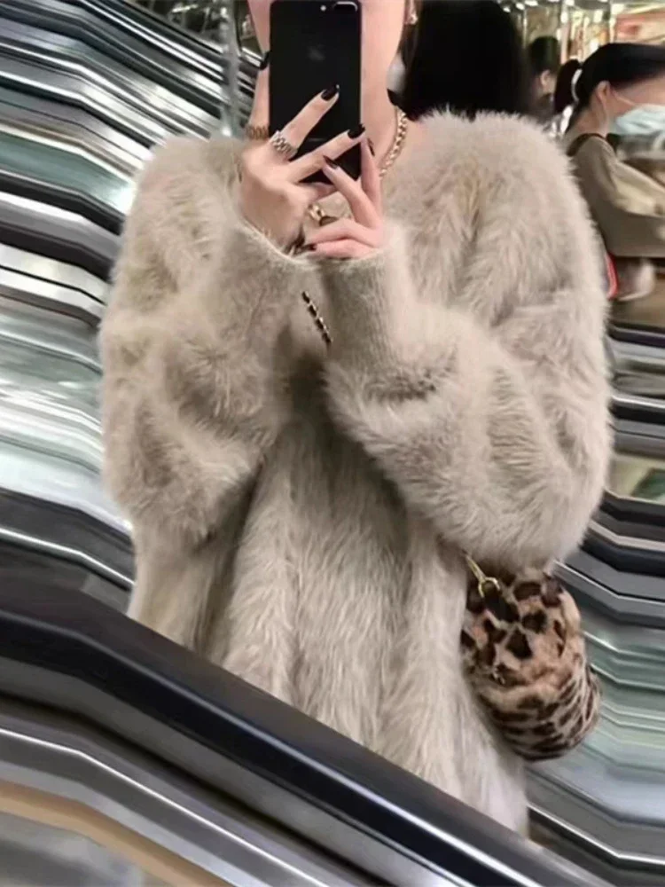 المرأة سميكة فضفاضة عادية المعتاد لاعبا س الرقبة محبوك البلوفرات المنك الصوف سترة لخريف شتاء ملابس خارجية الصلبة