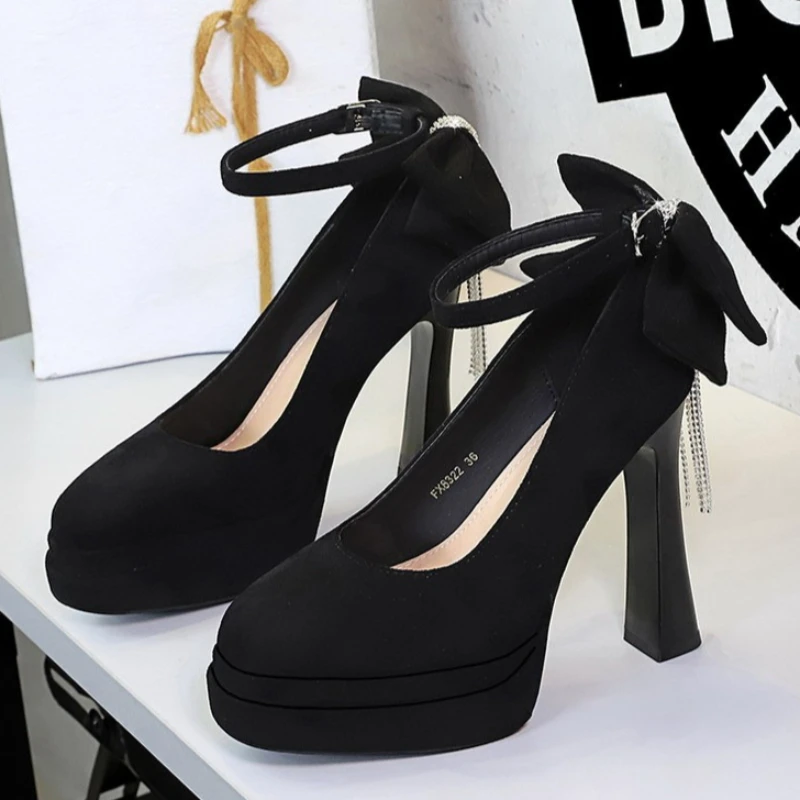 High Heels Women 2026 Summer New Fashion Suede Face Pointed Toe High Heel Sandals Bow One Word Buckle Thick Heel Women's Shoes view 2