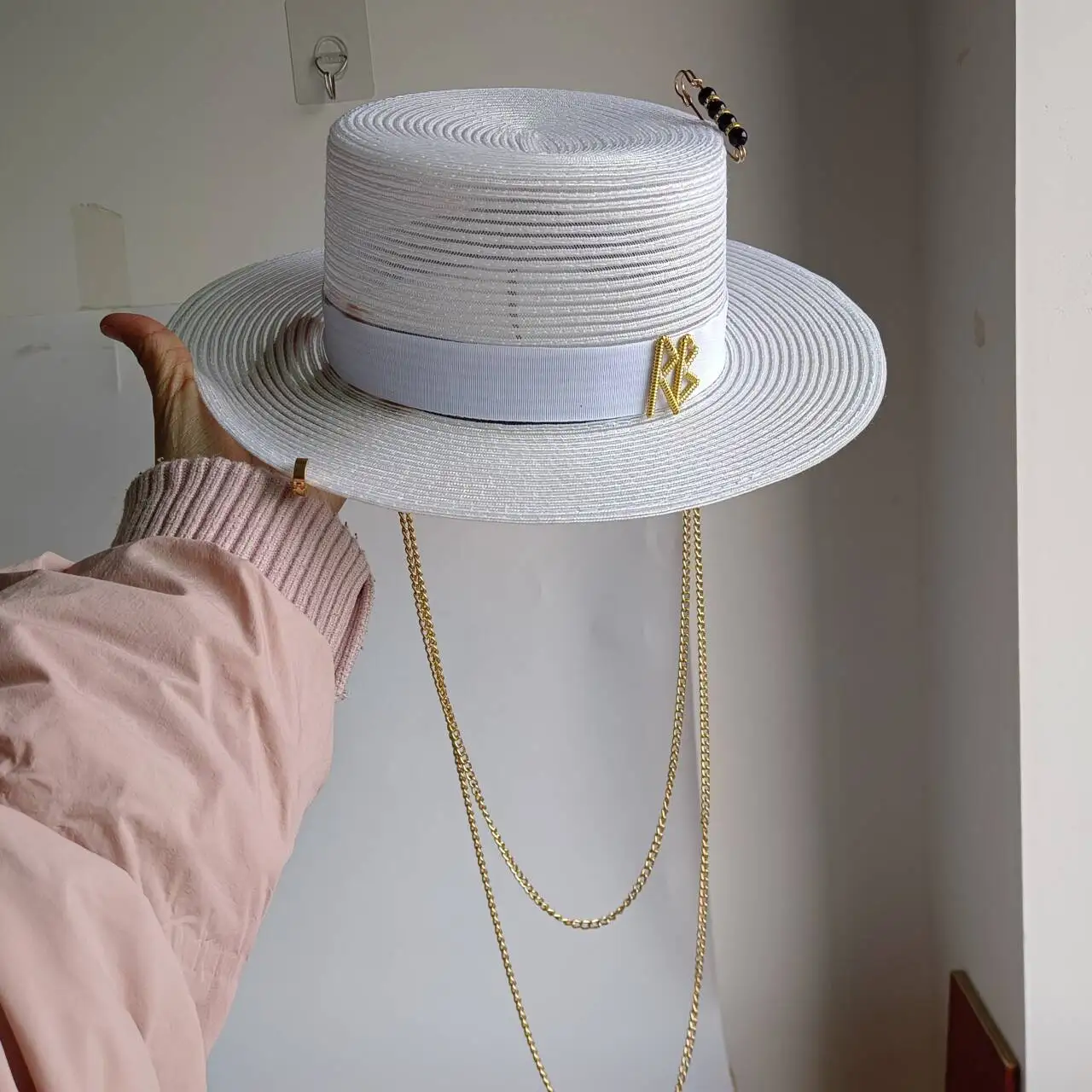 Silver straw hat pearl chain  hat DIY flat top sun hat new Korean elastic ribbon hat beach hat candy color sun hat  sombreros pa