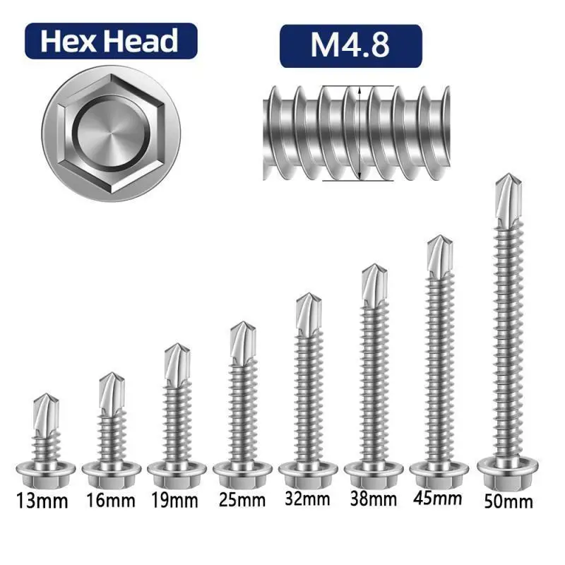 30pcs~10pcs Stainless Hex Washer Head Self Drilling Screws 4.8mm Stainless Steel Self Tapping TEK Screws