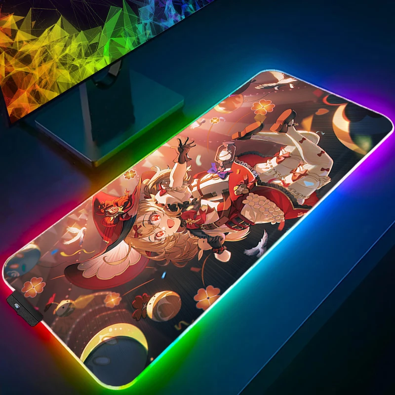 Tapis de souris vitesse Mini LED PC ordinateur Genshin Impact Klee clavier tapis RGB Kawaii Anime fille tapis de bureau accessoires de jeu tapis de souris