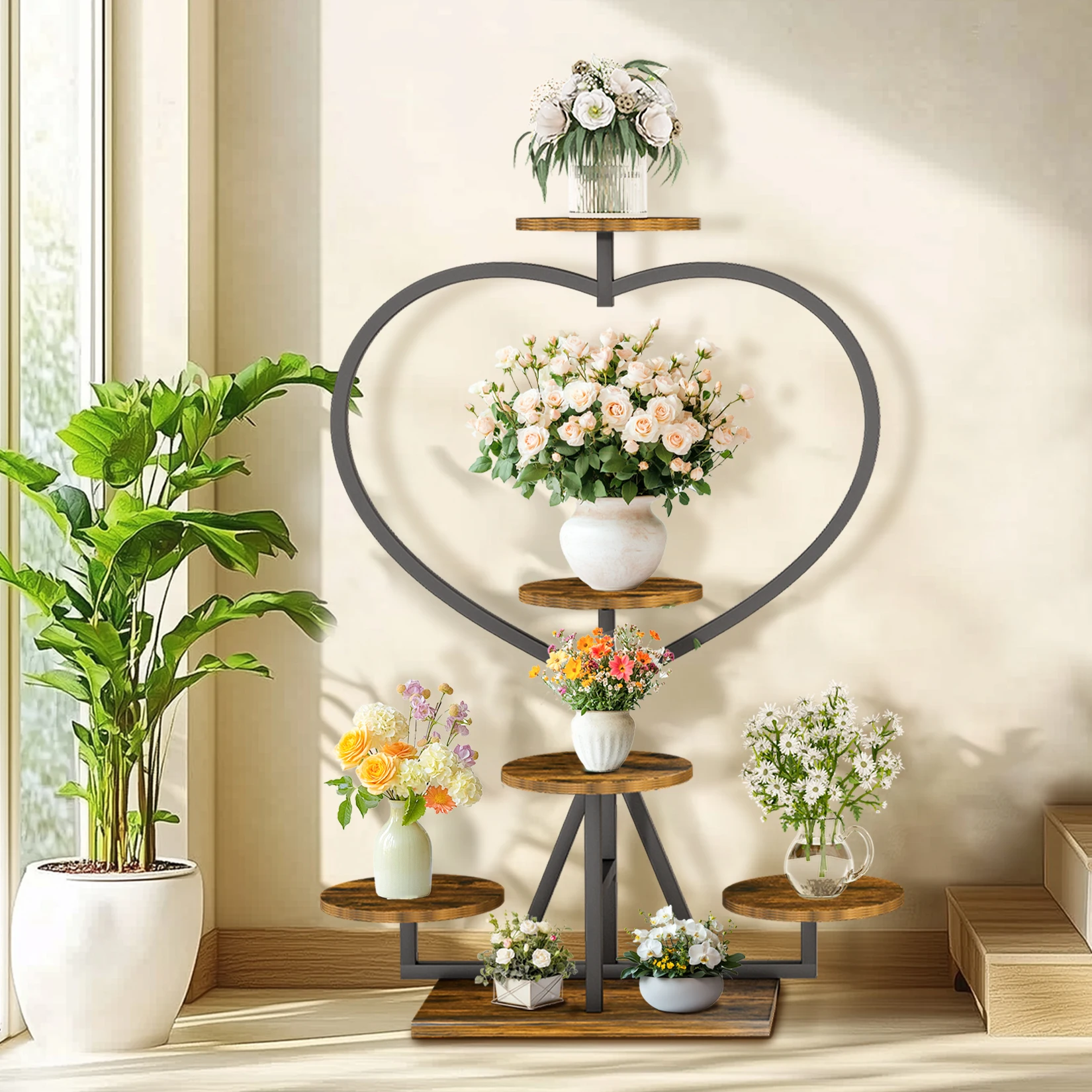 5 Tier Metal Plant Stand Heart-shape Flower Display Rack Holder Shelf for Balcony Outdoor Garden