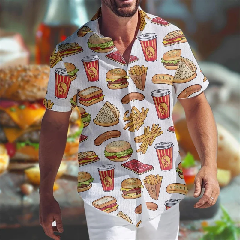 

Hamburger Fries Graphic Hawaiian Shirt For Men Food 3D Printed Short Sleeves Summer Loose Aloha Shirts Lapel Tops Street Blouses