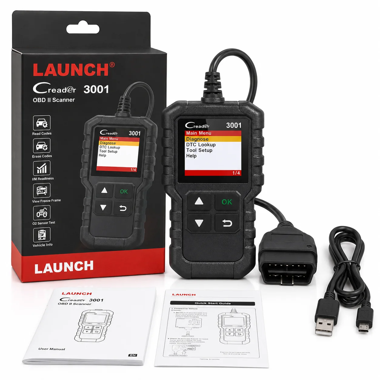 Original LAUNCH Creader 3001  Auto Engine Scanner Full OBD2 Diagnostic Tool Car Fault Code Reader PK ELM327 V1.5 Torque Pro Autel Scanner OBD 2 Automotive Tool for 1996 and Newer Vehicles