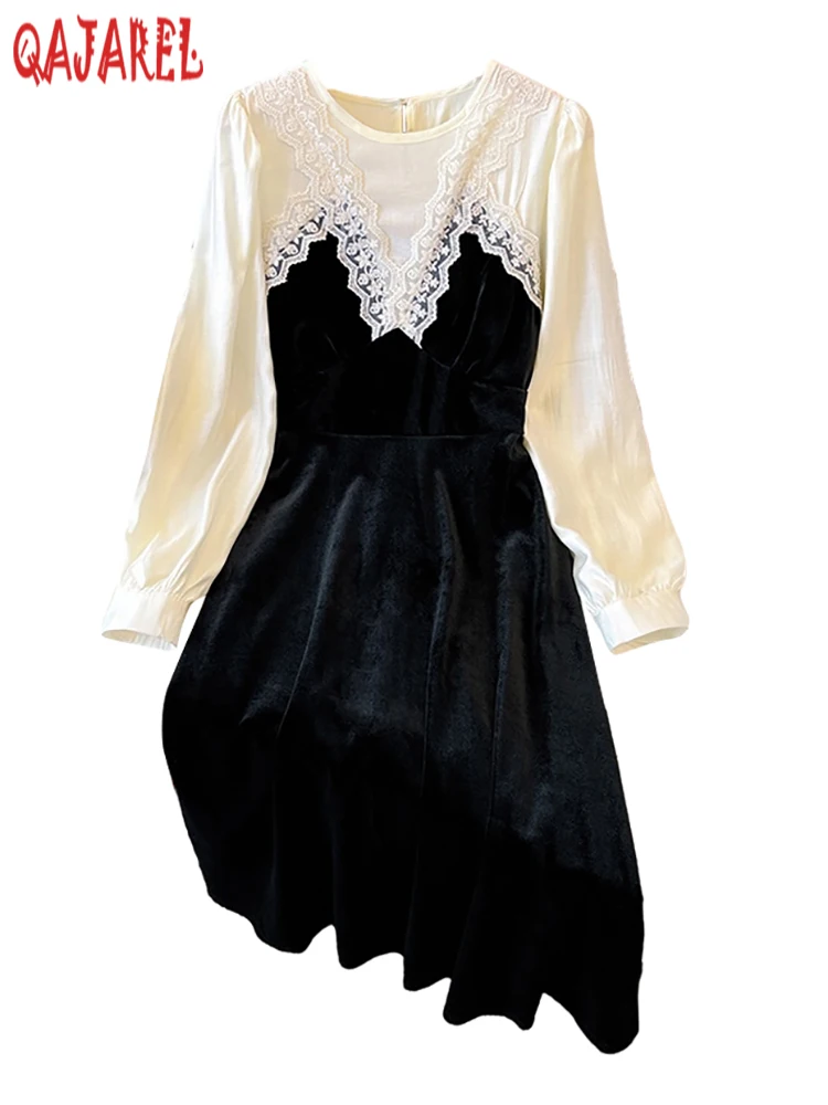 

Осенне-зимнее черное бархатное лоскутное кружевное платье миди с V-образным вырезом женское корейское винтажное роскошное вечернее платье 2024 Элегантное повседневное платье