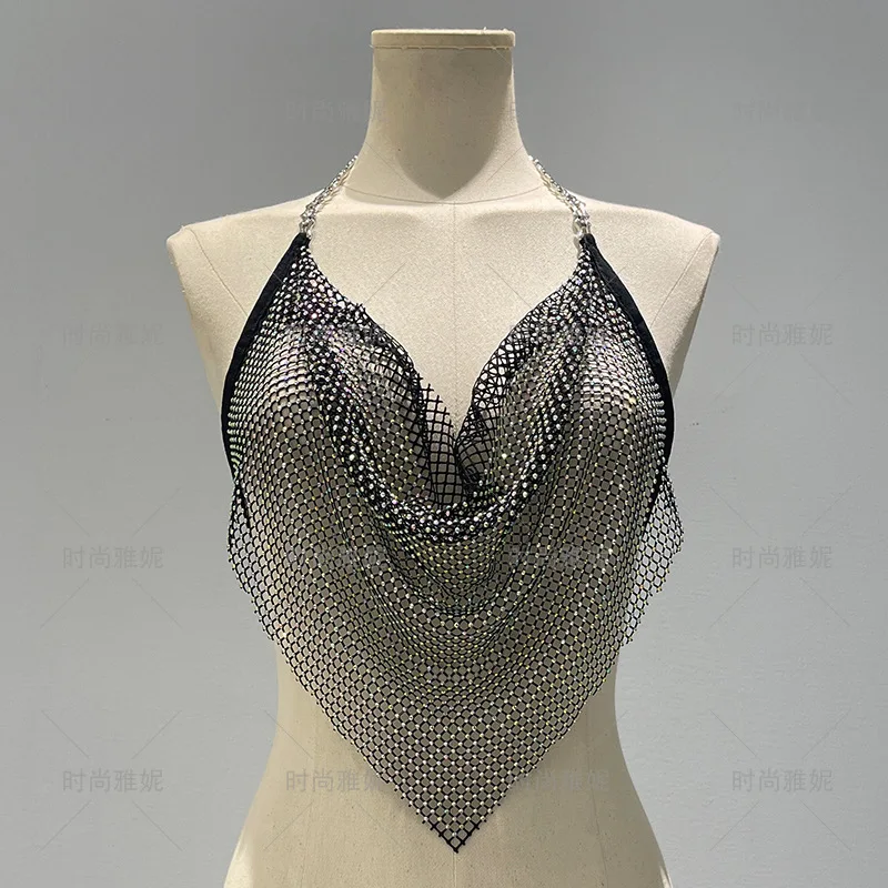 

Fashion Pop-up Nightclub Hollow Fishnet See-through Wrapped Chest Hot Girls Sexy Sier Color Flash Diamond Hanging Neck Tops