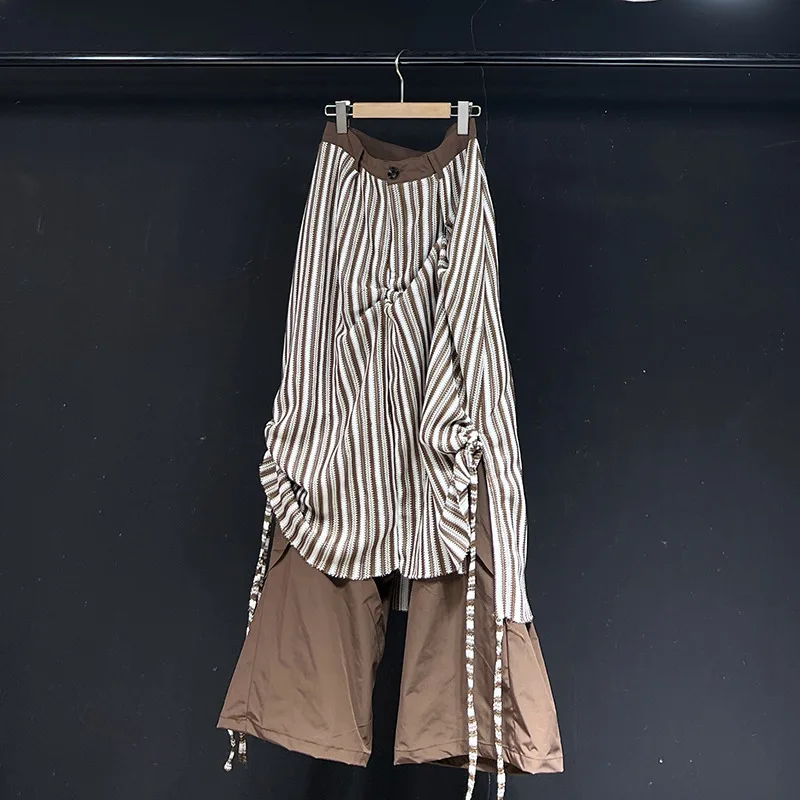 MWJLPWQ Gonna design a righe Pantaloni svasati casual per uomo High Street Niched Lace Up Donna Pantaloni eleganti larghi 2025 Nuovo 11825