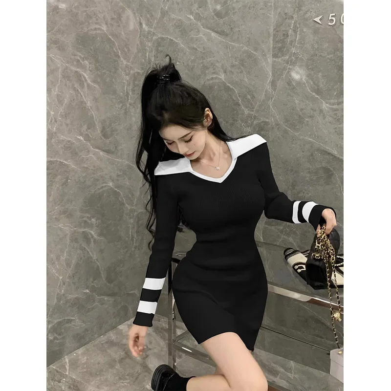 Autumn Winter Fashion Temperament Elastic Slim Knitted Pullover Dresses Women Clothing Vintage Chic Striped Mini Dress