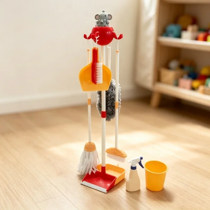8pcs Simulation Household Cleaning Tools Set Broom Mop Dustpan Spray Bottle Bucket Storage Stand Indoor Role Play Practice Kit