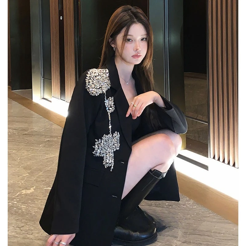 Light Luxury Black Nail Diamond Flower Loose Blazer Celebrity Sequined Foreign Style Ol Party Suit Temperament Commuting Blazers