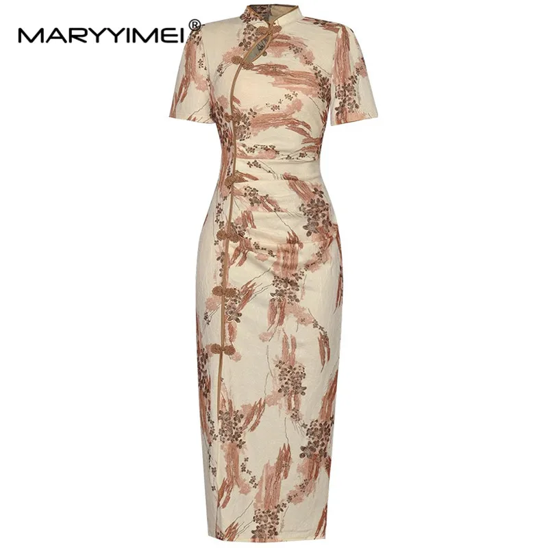 

MARYYIMEI Fashion Designer spring Summer Women's Dress Stand Collar Short Sleeve Lace-UP Vintage Printed Hip wrap Split Dresses