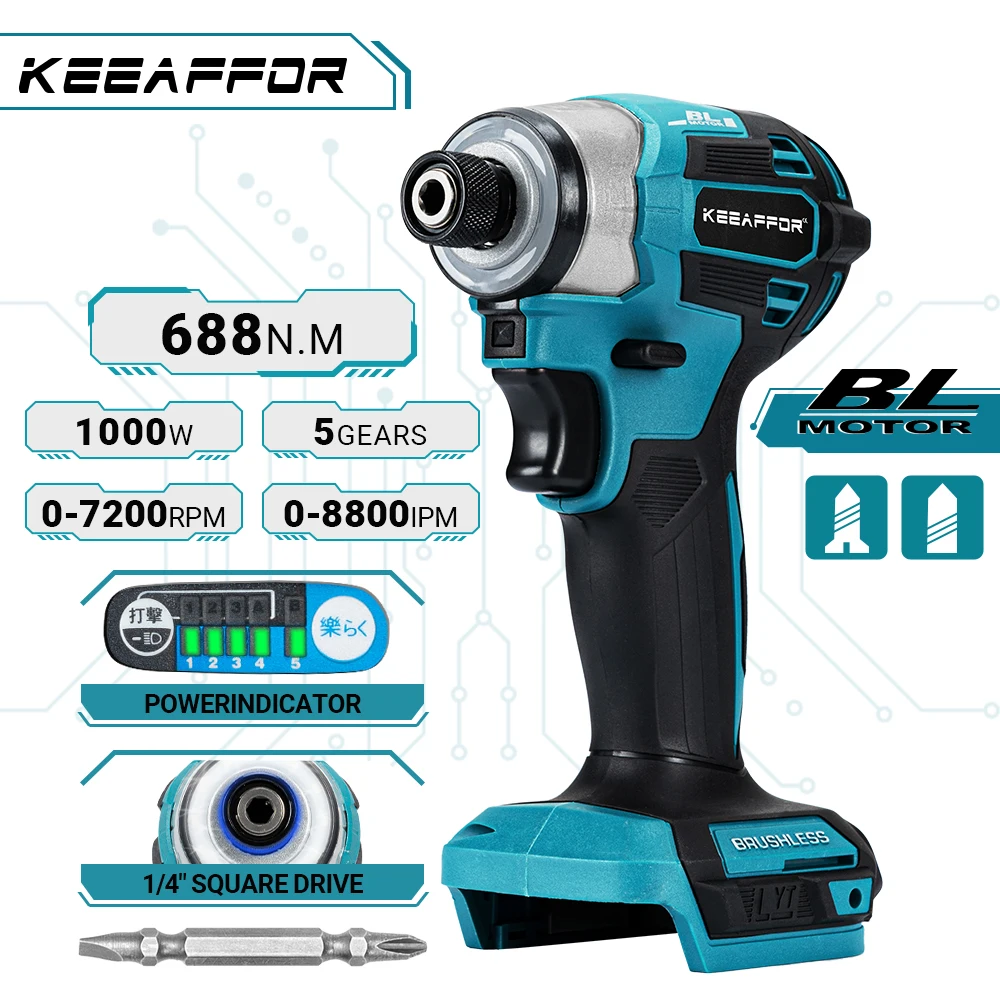 KEEAFFOR 688N.M 1000W Electric Screwdriver Brushless Electric Power Tool Impact Driver Kit Cordless Drill For Makita 18V Battery