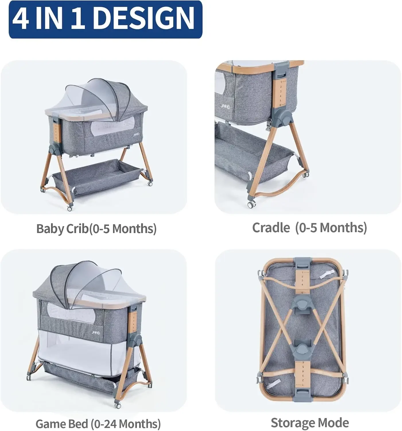 3 in 1 Bedside Baby Crib Sleeper Adjustable Height Mosquito Net Storage Basket Swivel Wheels Infant Reflux Prevention Breathable