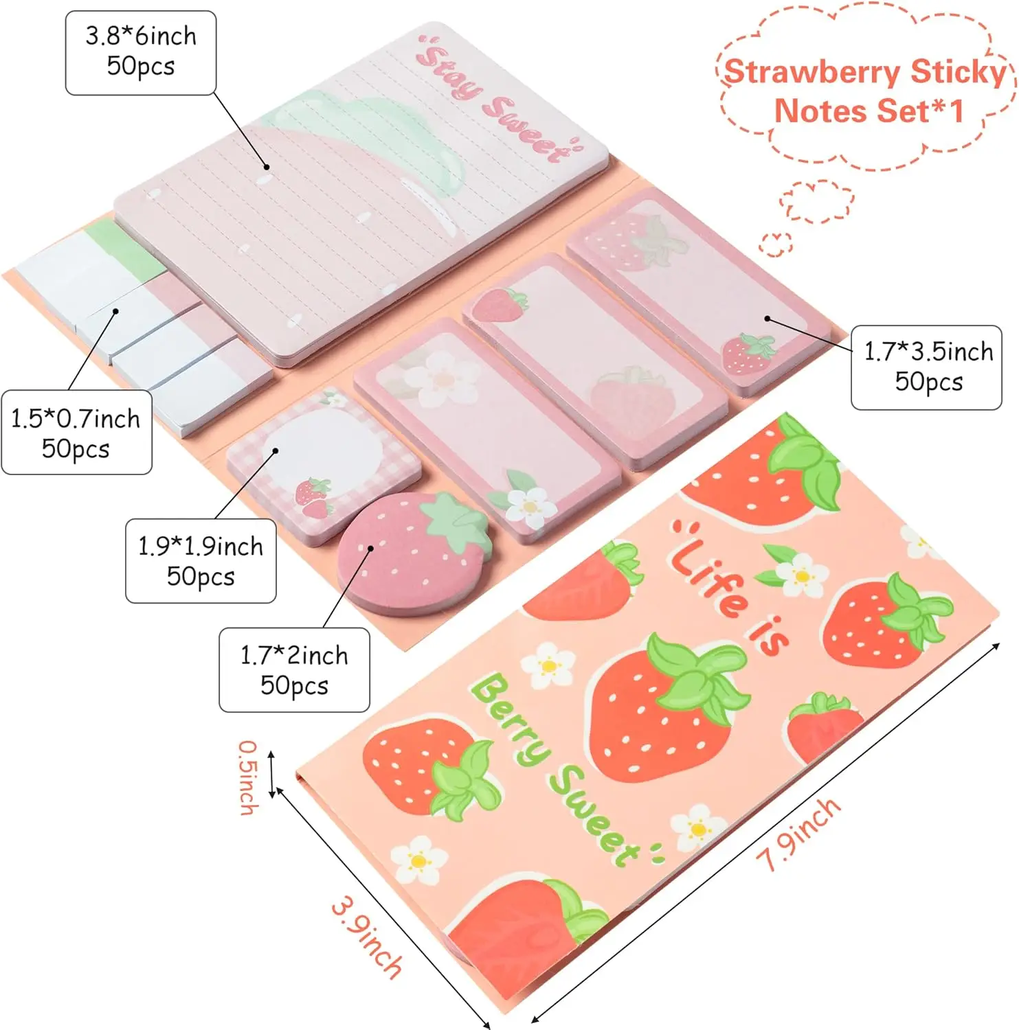 Life is Berry Sweet Sticky Notes Set, 550 Sheets Strawberry Pattern Self-Stick Notes Pads Summer Fruit Divider Tabs Bundle