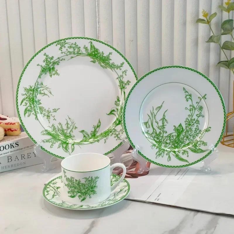 Bone China Tableware, Green Lily of The Valley Dinner Plates, Tea Cup Saucer, Ashtray, Fruit Plates, Bowl, Spoon for Kitchen