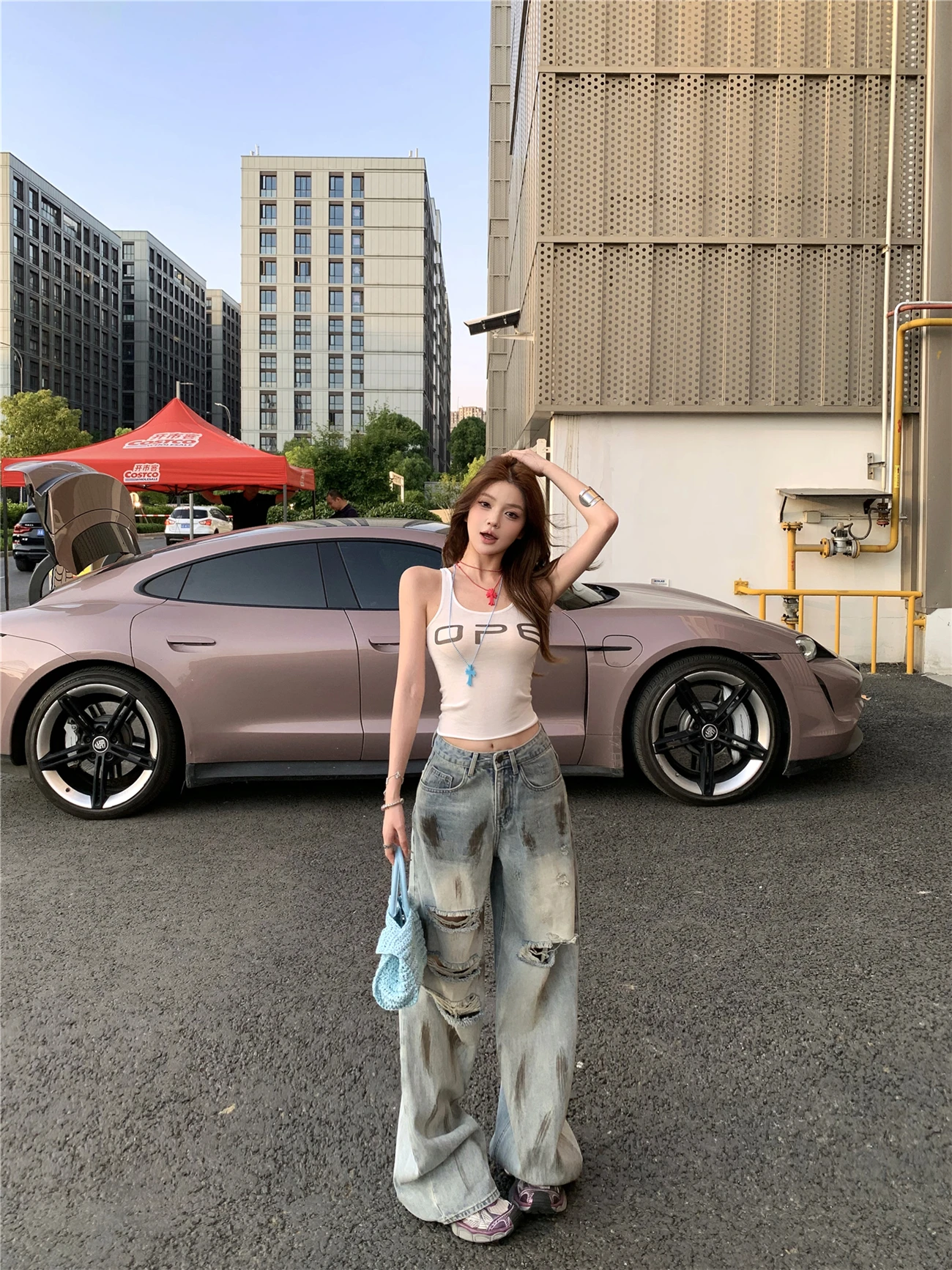 Retro American Hole Punching Jeans High Waist Wide Leg Straight Loose Long Pants Summer Washed out Torn Denim Women's Clothing