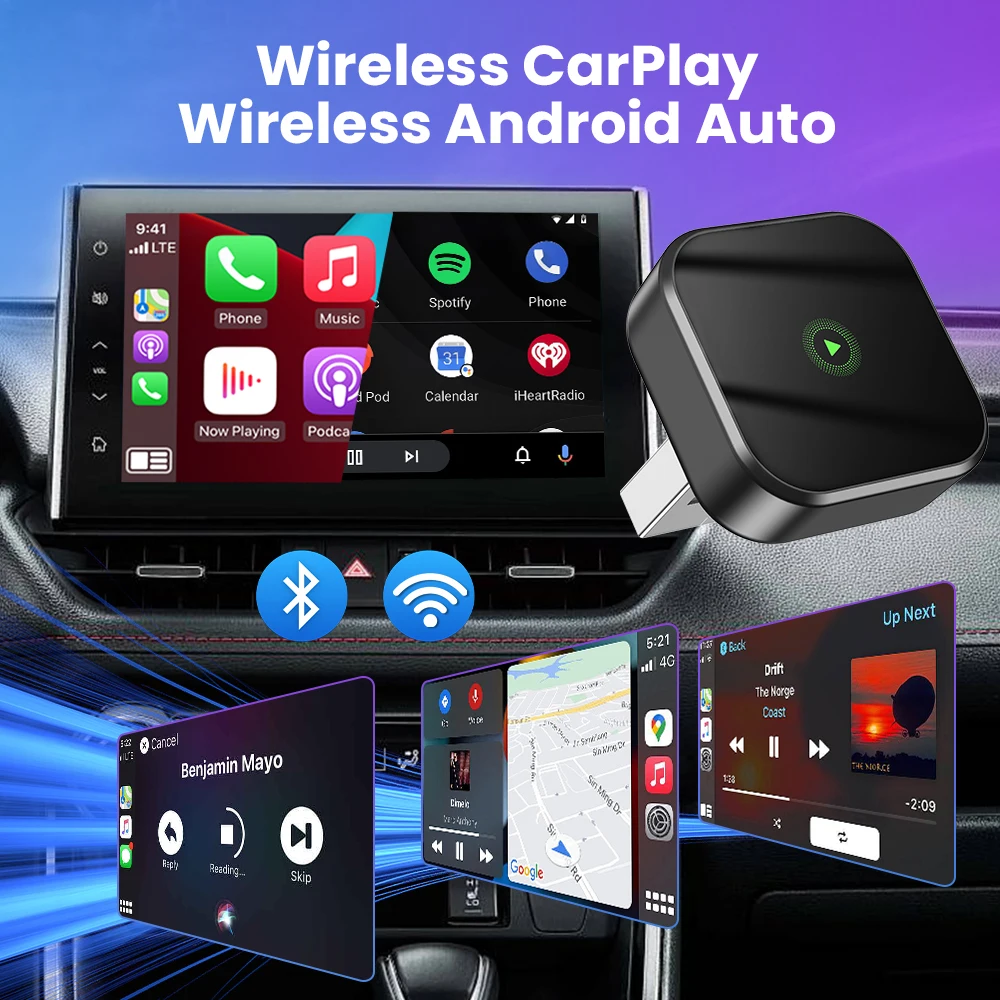 新型ワイヤレスCarPlayアダプター ワイヤレスAndroid Autoアダプター 2in1 マツダ シトロエン アウディ キア フォード オペル トヨタ シュコダ セアト ボルボ対応