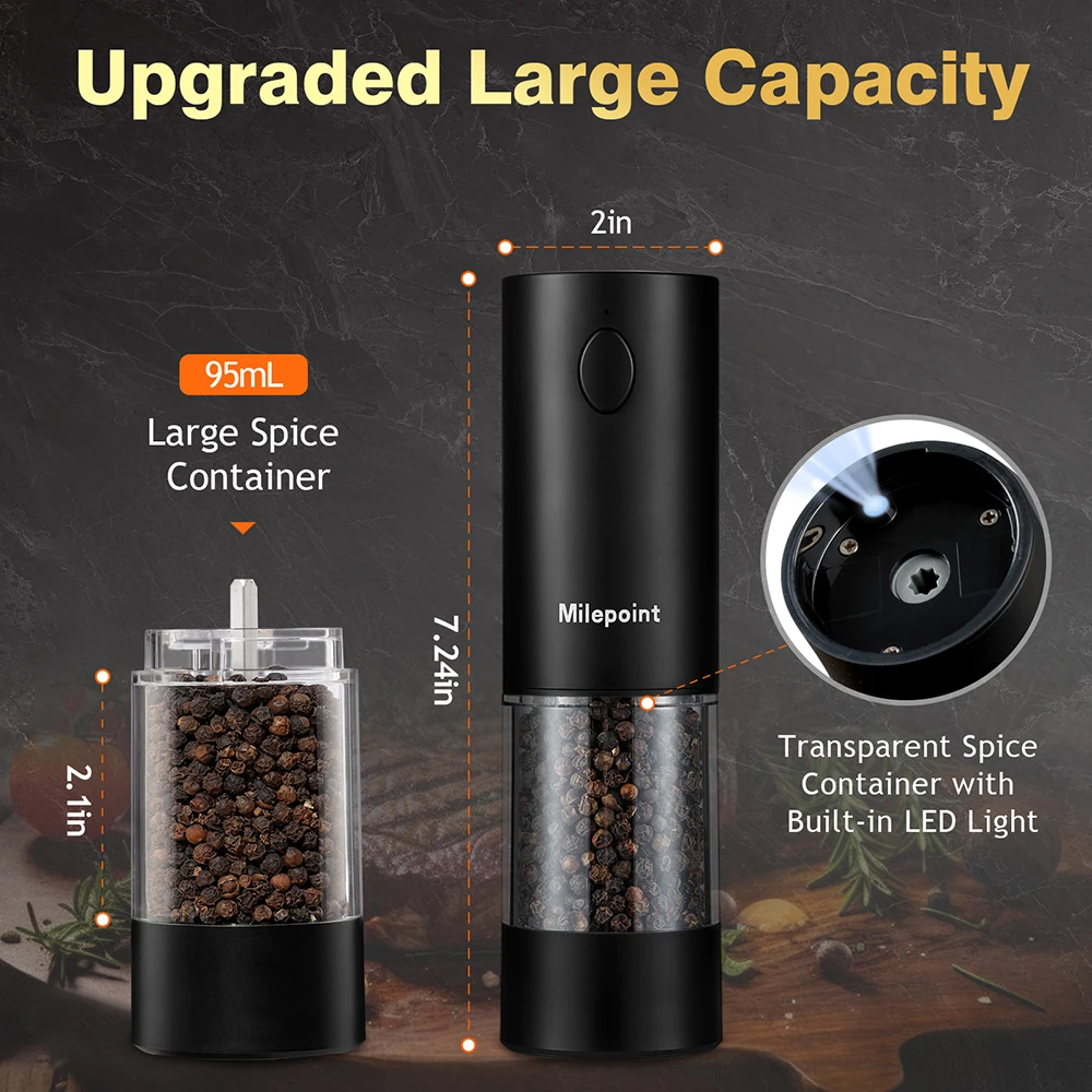 NEW Milepoint Electric Salt and Pepper Grinder Set Seasonings Spice Mill LED Light 5-Mode Rechargeable 2pcs Kitchen Cooking Tool