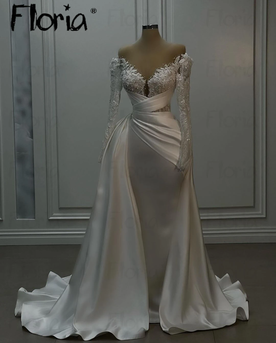 Vestido de renda sereia com trem destacável, frisado marfim, manga comprida, pescoço puro, vestidos de festa de casamento, feitos sob medida, Dubai, 2024