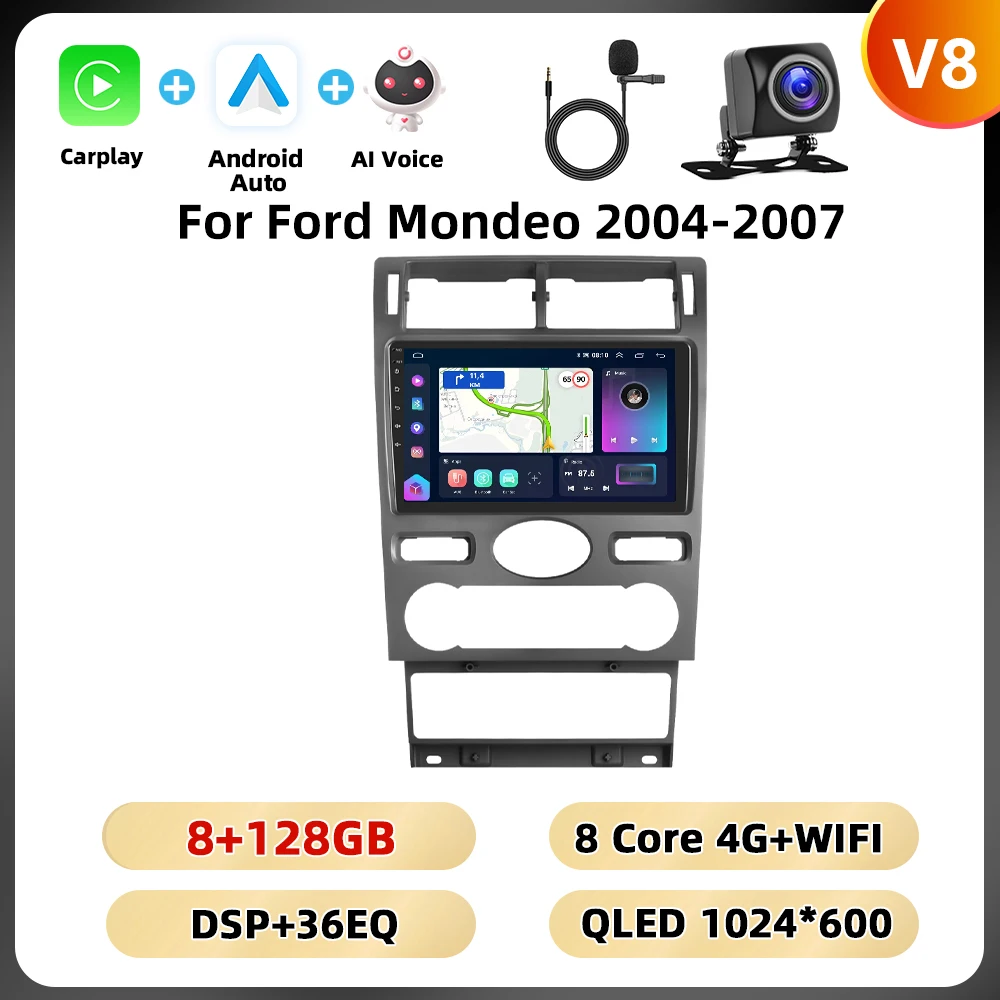 Podofo 9 ''2din Autoradio Voor Ford Mondeo 2004-2007 Multimediaspeler Carplay Android Car Navigation Dsp Ai Voice Bt Car Audio