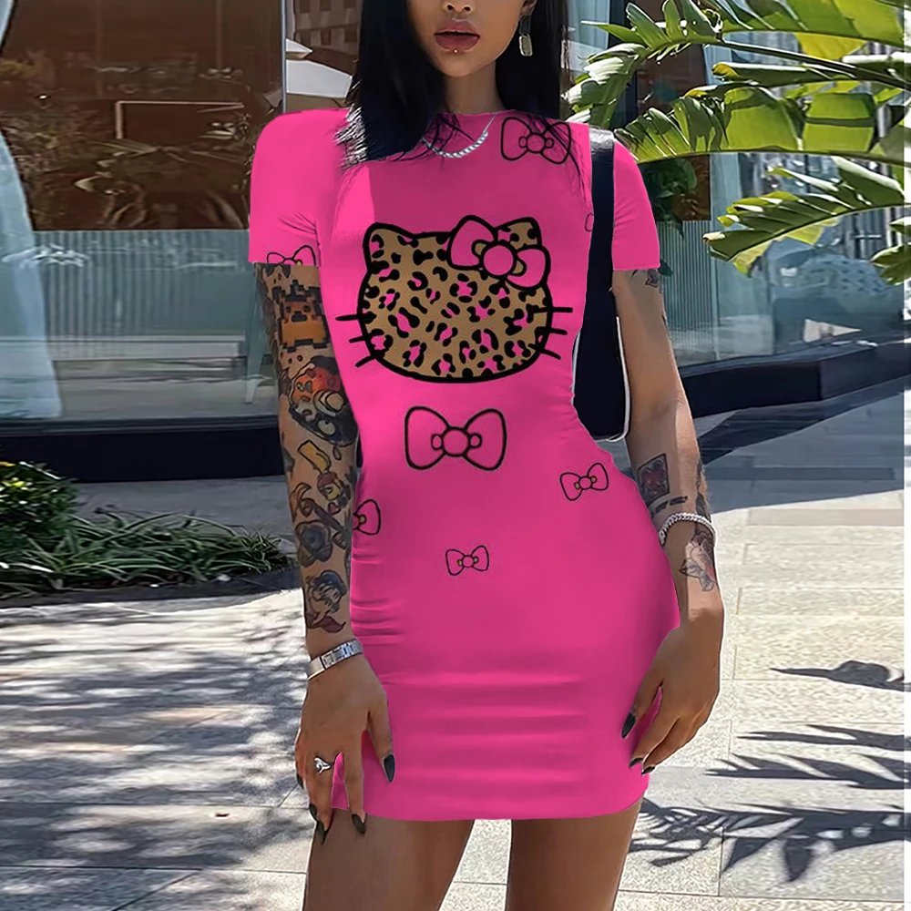 Hello Kitty Printed ladies dresses evening dress Bodycon Dresses for Women Short Sleeve Slim Bodycon Dress Casual Pencil Dress