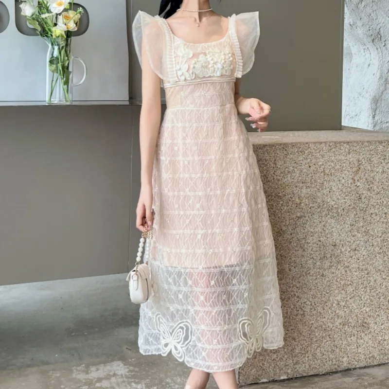 Elegant  Summer Women Dress Lace Bodycon Sleeveless Hollow Out Apricot Mesh Vestido Ladies Square Neck Vintage Clothing Runaway