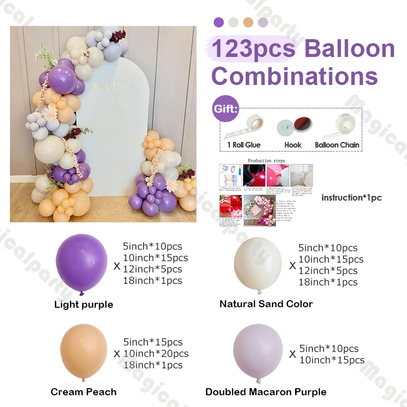 123pcs Latex Balloon Set Cream Peach and Purple Balloons Garland Kit Bohemian Rustic Wedding Background Decoration Gender Reveal