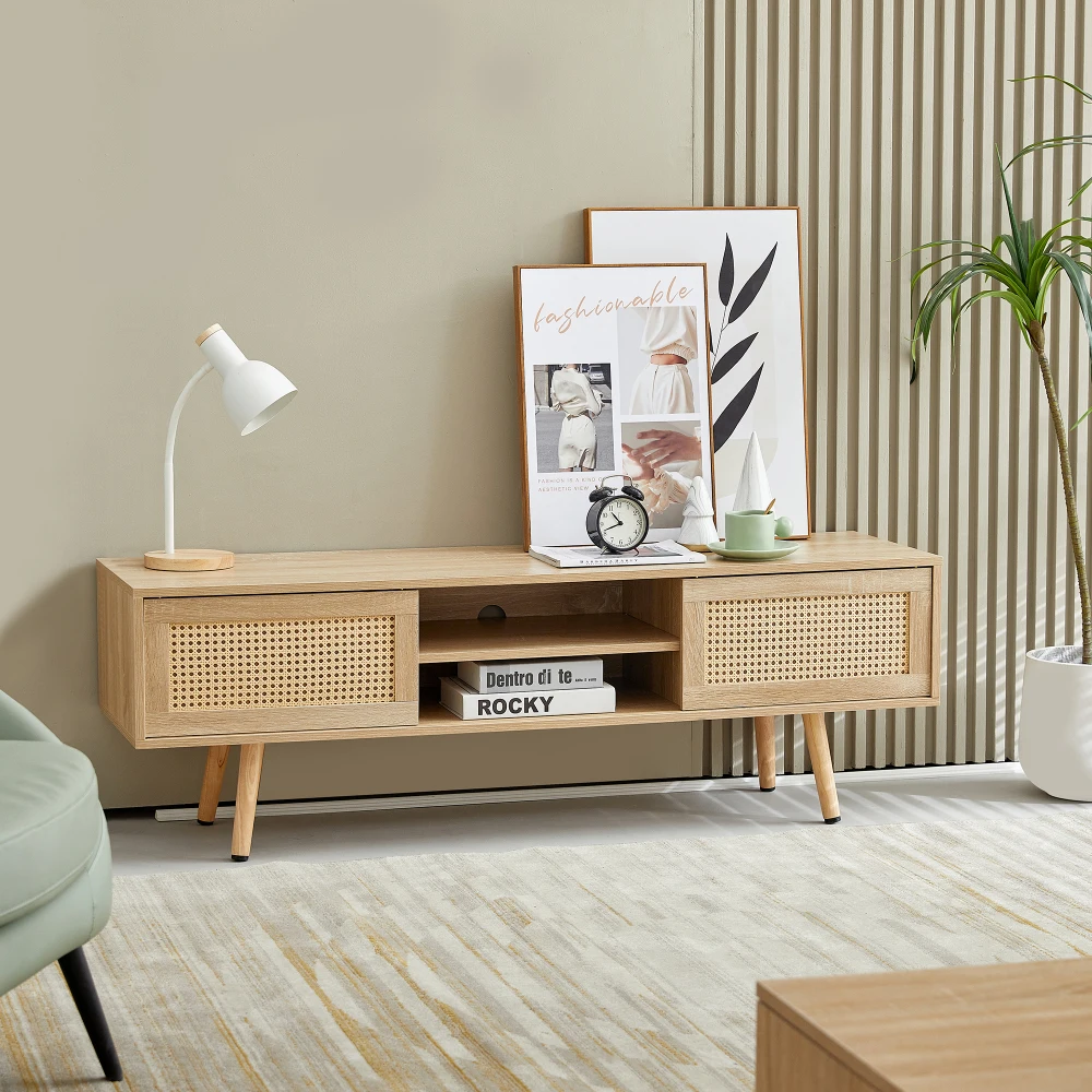 55.12" Natural Rattan TV Cabinet, Double Sliding Rattan Doors Storage TV Console with Adjustable Shelf & Solid Wood Legs, Rectangle Media Entertainment Stand with Stable Adjustable PVC Feet for Living Room Home Office