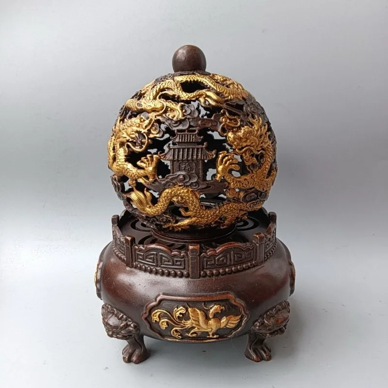 Antique Chinese Gilded Dragon Incense Burner Four-legged Incense Burner Hollow Out Censer for Meditation Home Altar Decor