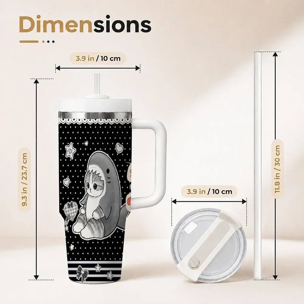40oz Cute Shark Cat Patchwork Quilt Style Tumbler With Handle And Straw Stainless Steel Insulated Travel Mug Full Wrap Print Large Capacity Coffee Cup Gift For Cat Lovers