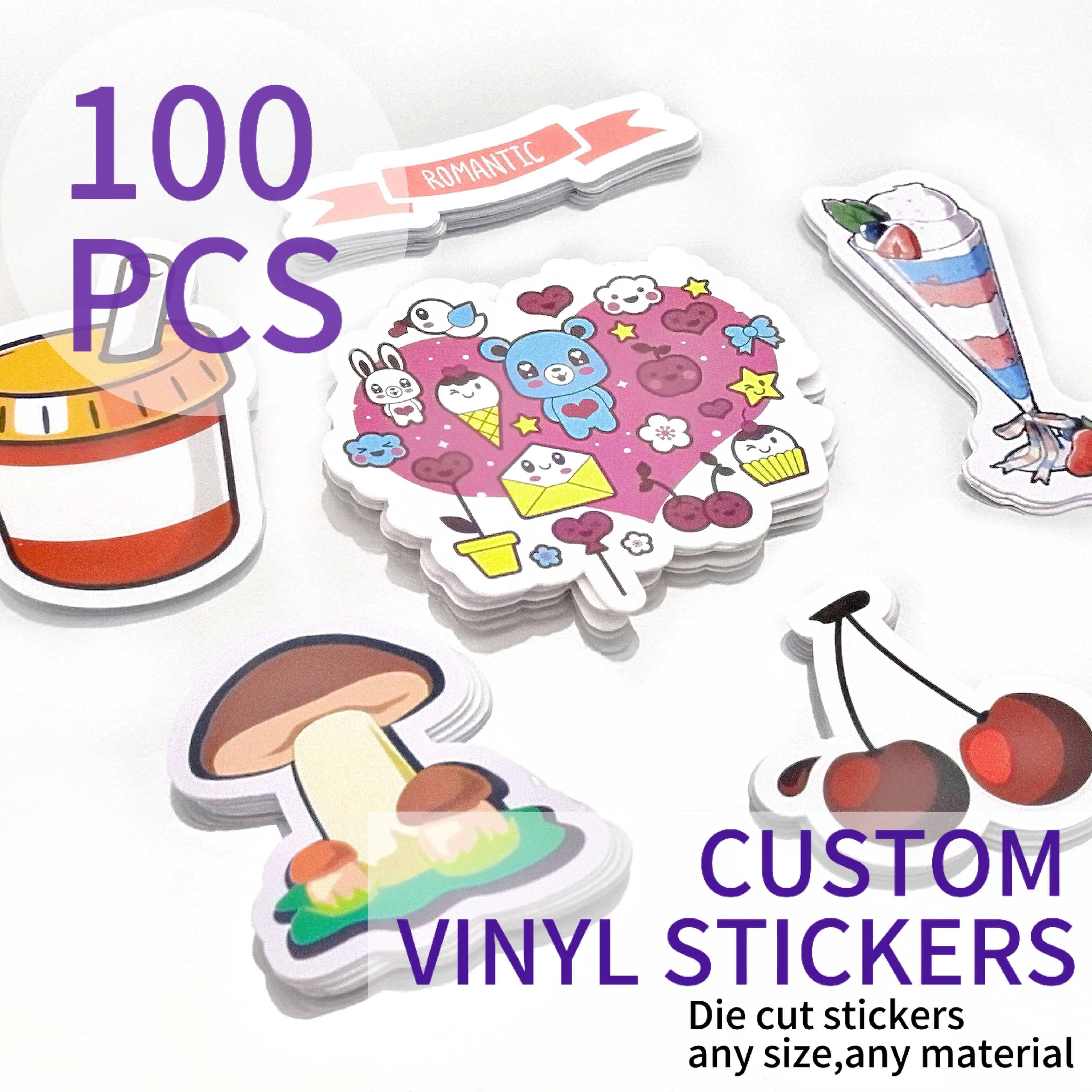 100pcs Custom Stickers PVC Waterproof Die Cut Vinyl Personalized Logo Design Cute Sticker For Laptop Birthday Party Game