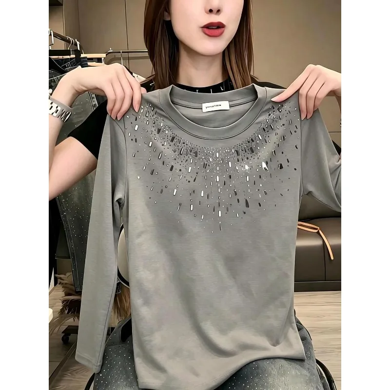 Women Heavy Rhinestone Round Neck Long Sleeve T Shirt Casual Slim Chic Top