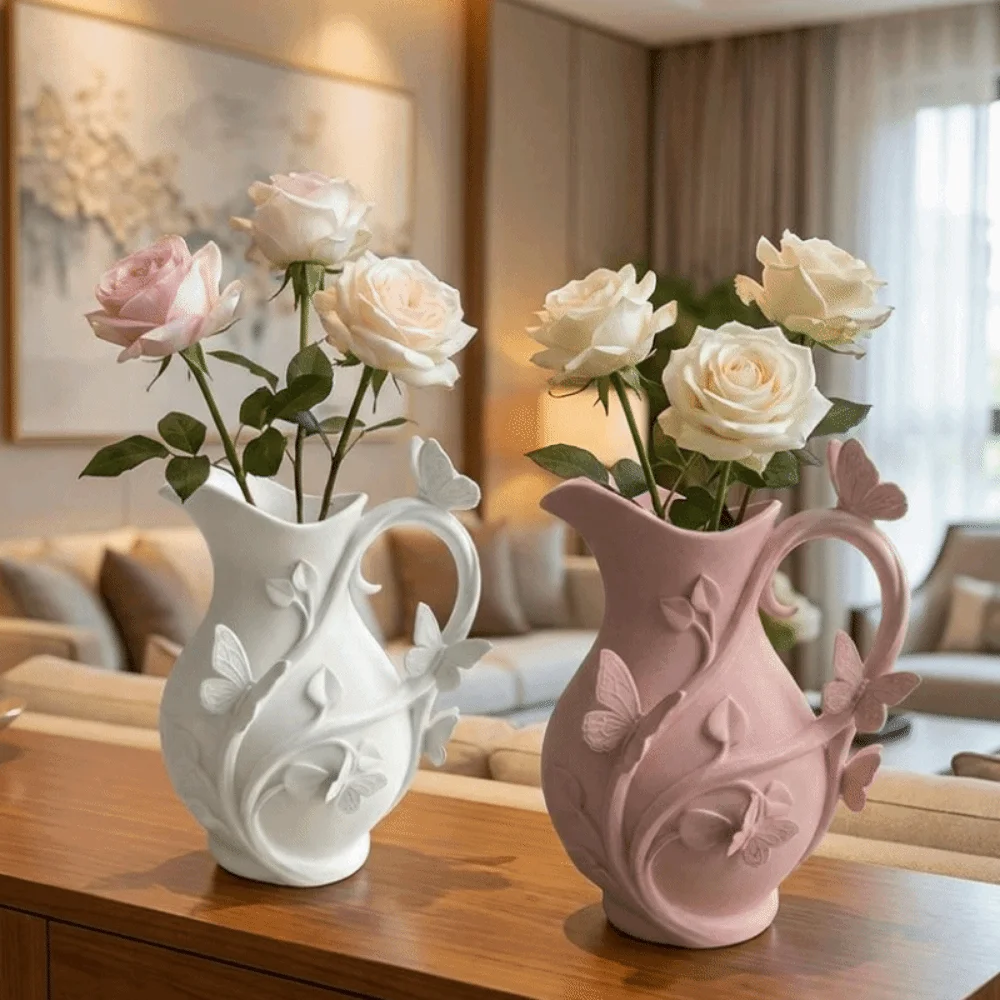 Vintage 3D Butterfly Relief Vase Matte Finish with Handle 3D Embossed Vase Decorative Pitcher‑Shaped Flower Vase Wedding Decor