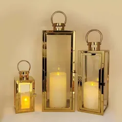Stainless Steel Lantern Candlestick Eid Mubarak LED Wind Lamp Decor for Ramadan Kareem Aid Eid al-Fitr Home Wind Lantern Decor