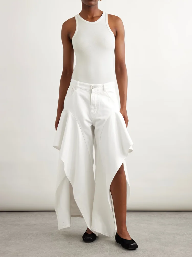 Pantalones vaqueros blancos irregulares con borde de hoja de loto, pantalones informales de pierna ancha con cintura alta y temperamento para mujer, novedad de verano 2025