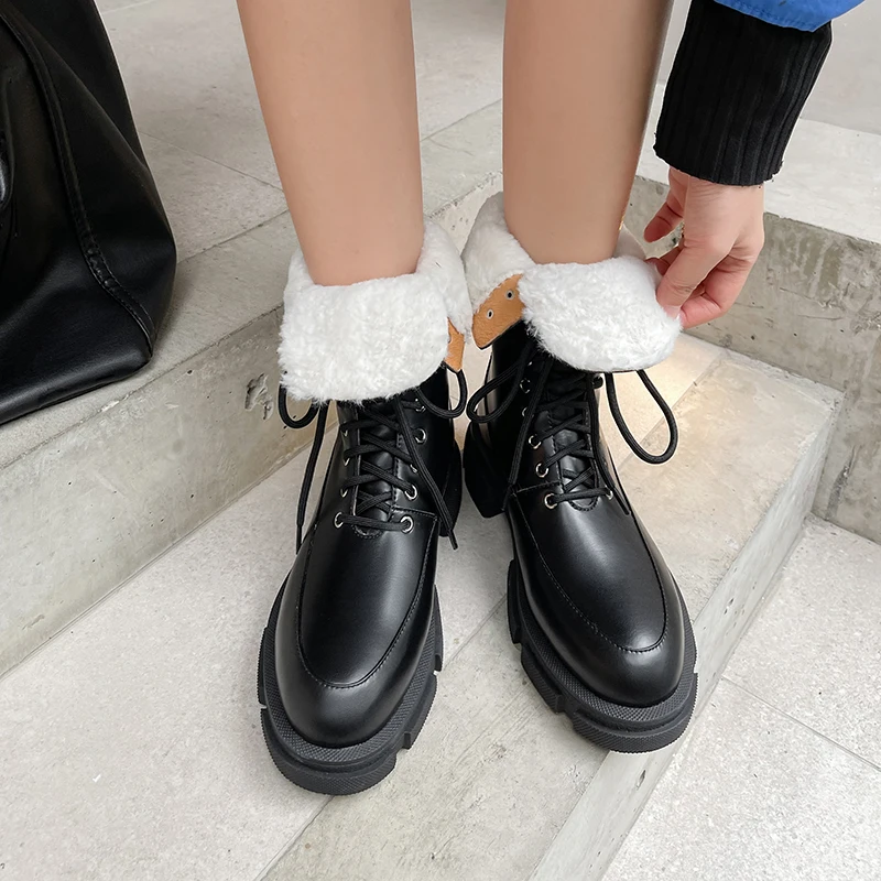 2022 New Winter Genuine Leather Women Boots Fur Warm Boots Snow Boots Lace-up Platform Boots Black White Motorcycle Boots Shoes