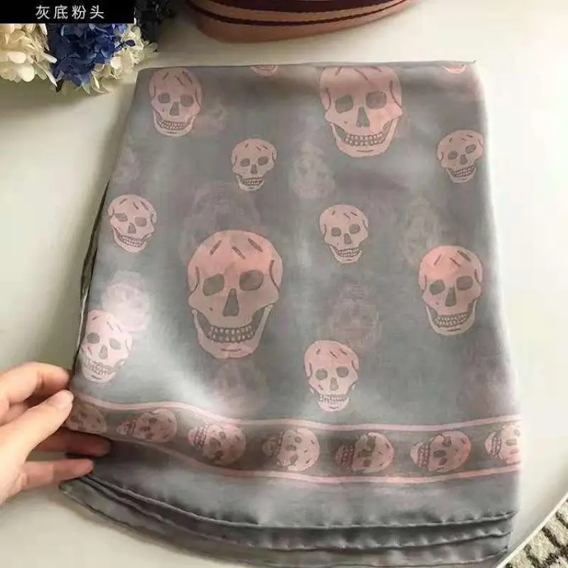 Summer Beach Square Shawl Ladies Designer Skull Print Chiffon Scarf Muslim Hijab for Women Luxury Skeleton Wrap 120Cm*120Cm