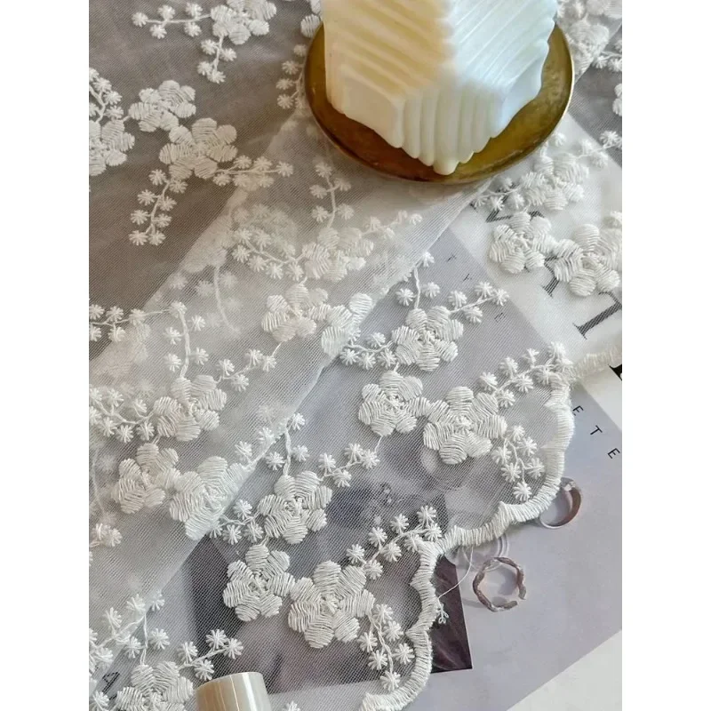 

White Tulle French Curtains Lace Gauze for Living Room Cream Retro Wavy Edge Bedroom Bay Window Girl Embroidery Curtain Door