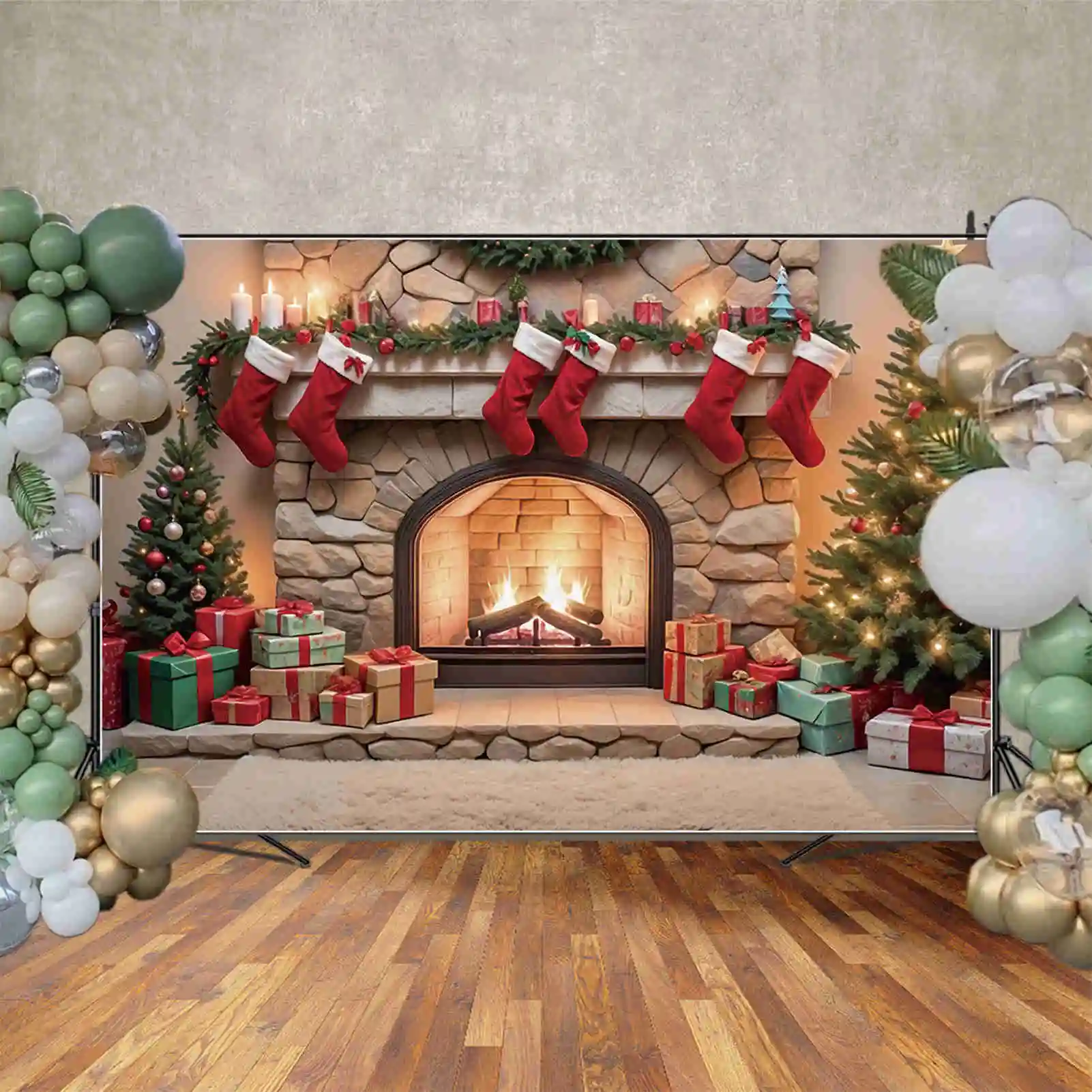 MOON.QG Christmas Fireplace Gifts Christmas Trees Backdrops Brick Stove Frame Vintage Indoor Backgrounds Party Photography Props