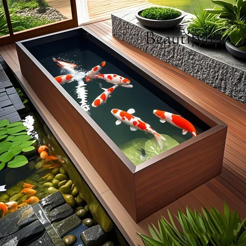 Balcony fish pond stone rock slab outdoor fish tank koi  box courtyard floor-to-ceiling  tank turtle tank