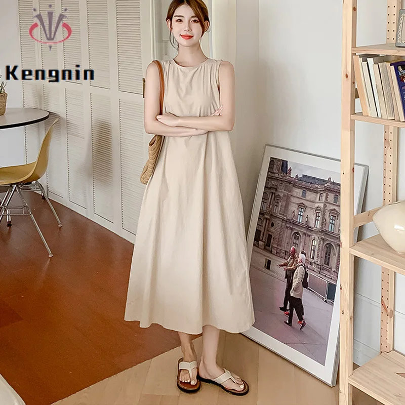 Cotton Linen Women Sundress 2023 Summer Loose Plus Size 4XL Lady Vestido A-Line Sleeveless Female Robe Solid Color Dress KE3392