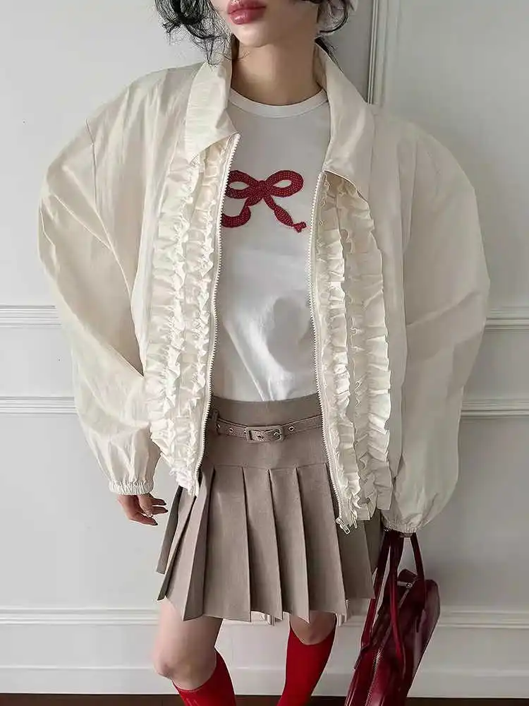 

Clothland Women Elegant Ruffle Bomber Jacket Zipper Long Sleeve Outwear Spring Casual Coats Mujer CB130