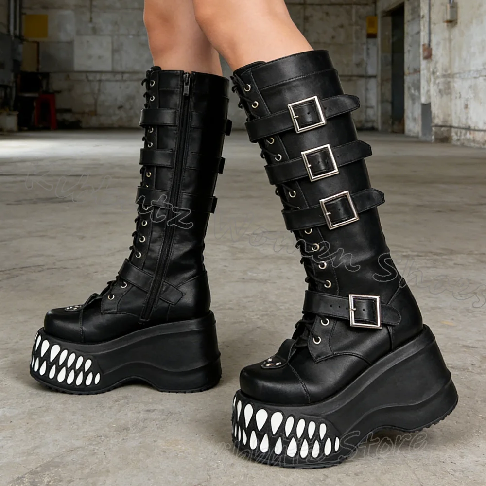 Tooth Platform Boots Knee High Lace-Up Mixed Color Leather Women Shoes Wedges Round Toe Belt Buckle Novelty Luxury Elegant New