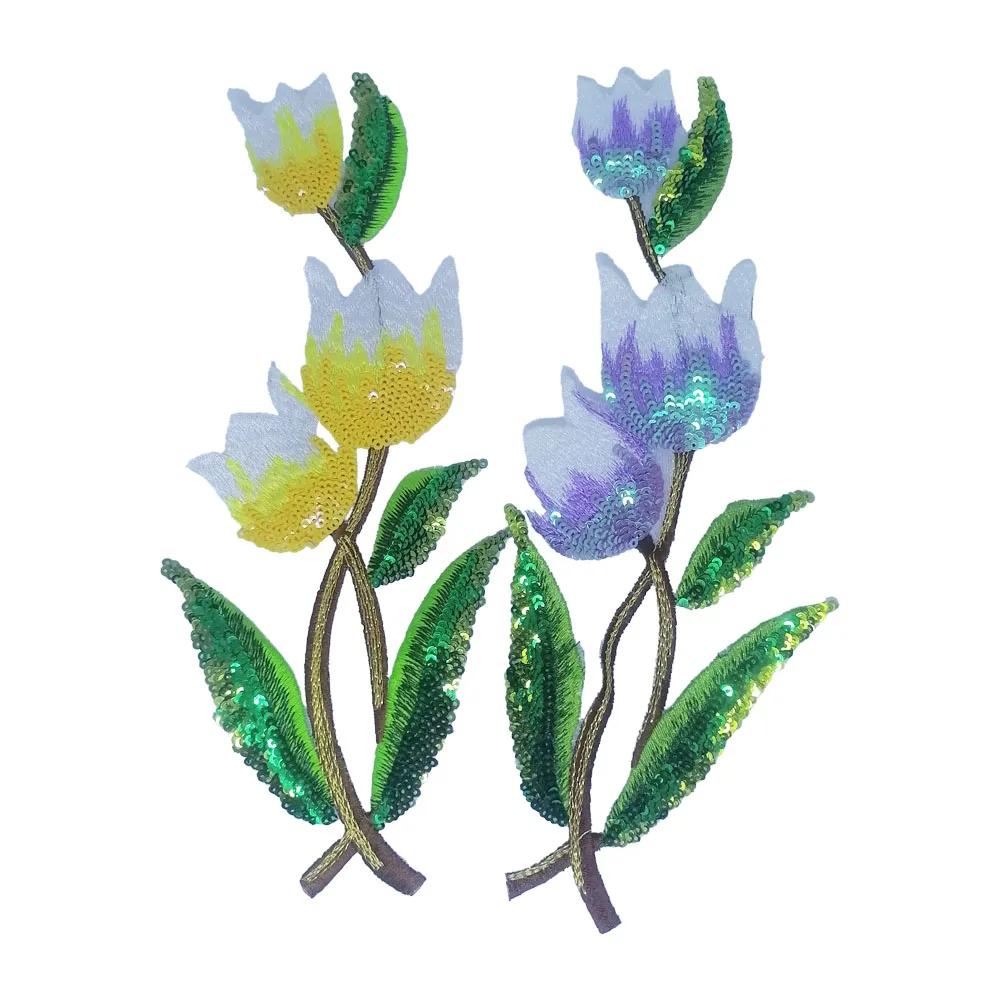 1 Stück 10 x 25 cm gelb lila Tulpe Pailletten Blumen Design Patch glänzender Eisen auf Patch für Kleidung Dekoration DIY Applikation