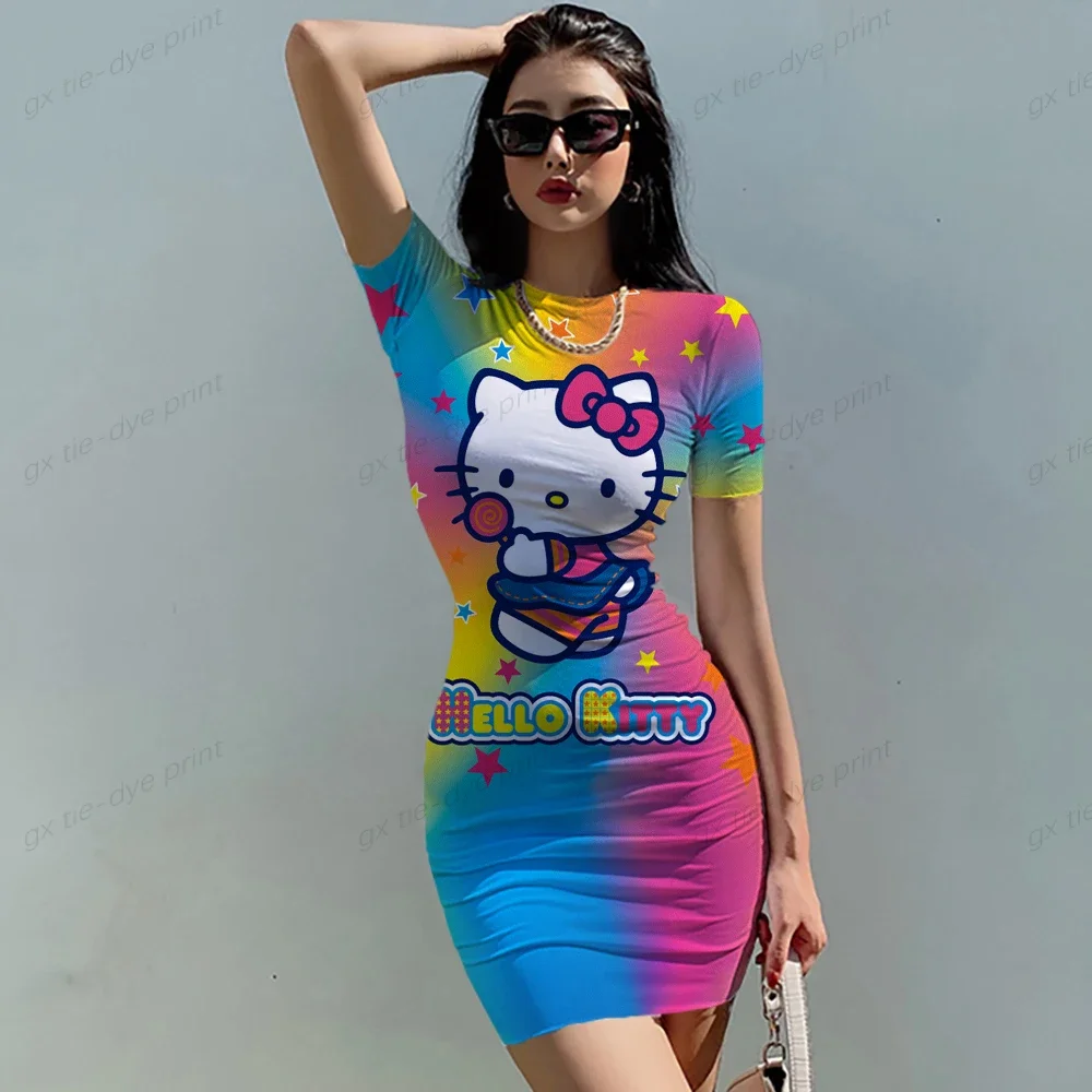 Hello Kitty 3D Print Bodycon Cami Midi Dress Boho Short Sleeve Skinny O Neck Slim Vacation Cartoon Skirt Summer Mini Dress Hot