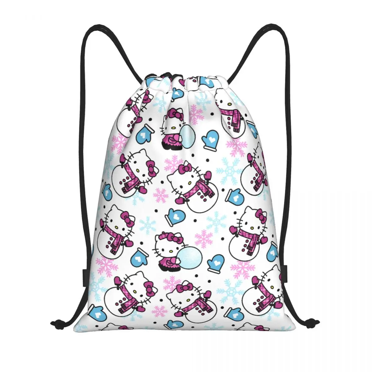 Custom Snowflake Hello Kitty Cat Drawstring Backpack Women Men Sport Gym Sackpack Portable Kitten Anime Training Bag Sack